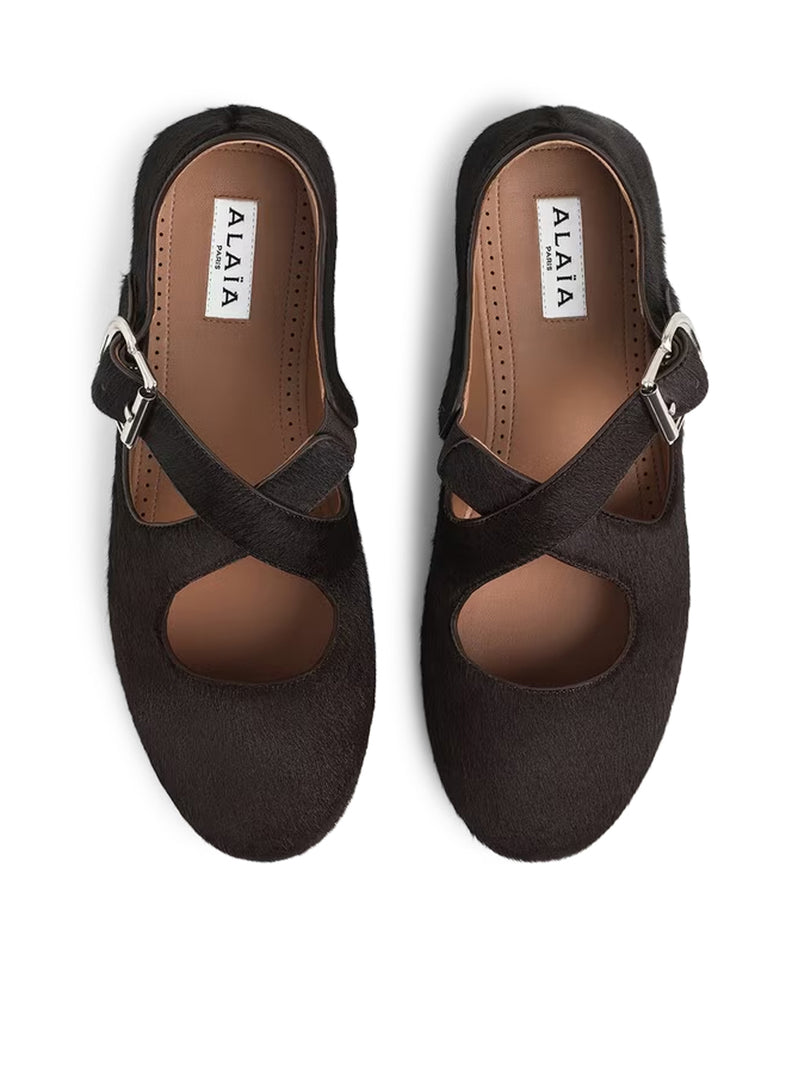 CROSSED PONYSKIN BALLERINAS