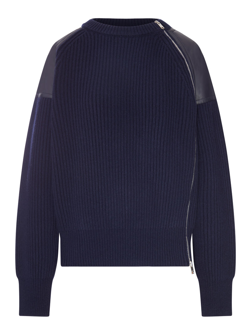 SWEATER WITH LEATHER INSERTS AND SIDE ZIP