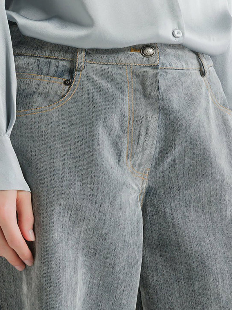 GREY FLOCKED DENIM WIDE-LEG JEANS