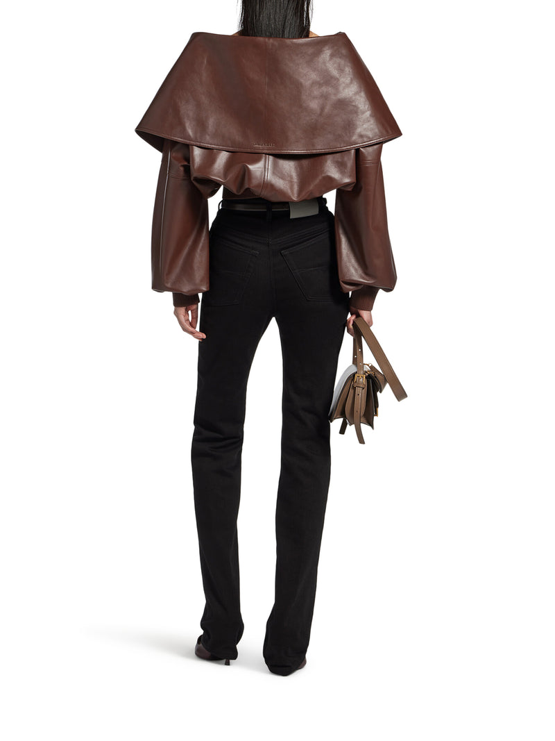 WRAP-STYLE LEATHER BLOUSON WITH A WIDE COLLAR