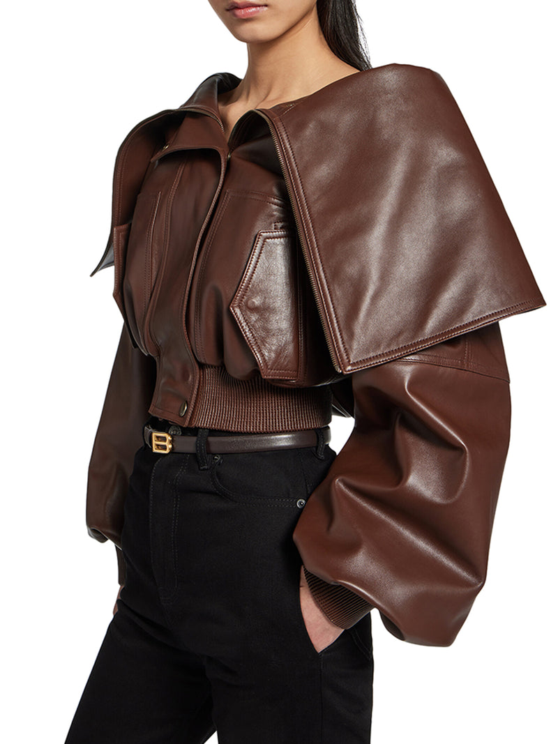 WRAP-STYLE LEATHER BLOUSON WITH A WIDE COLLAR