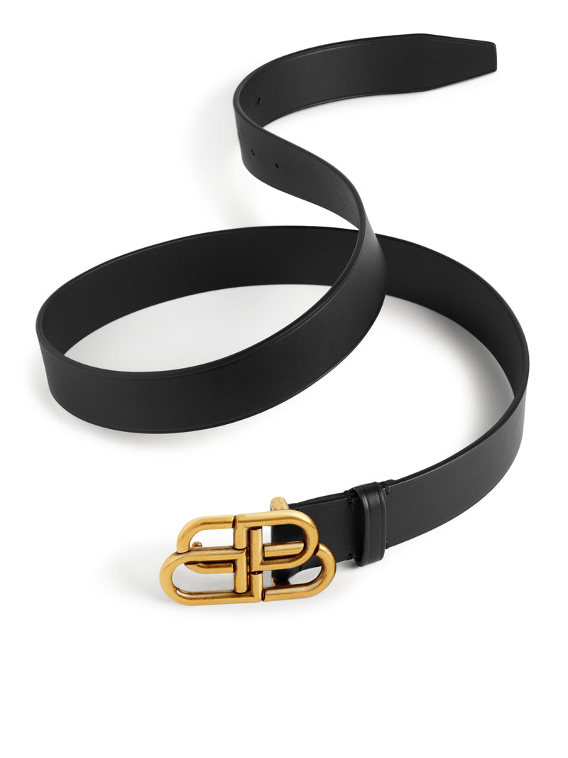 SLIM BB BELT IN BLACK CALFSKIN WITH ANTIQUE GOLD-TONE HARDWARE