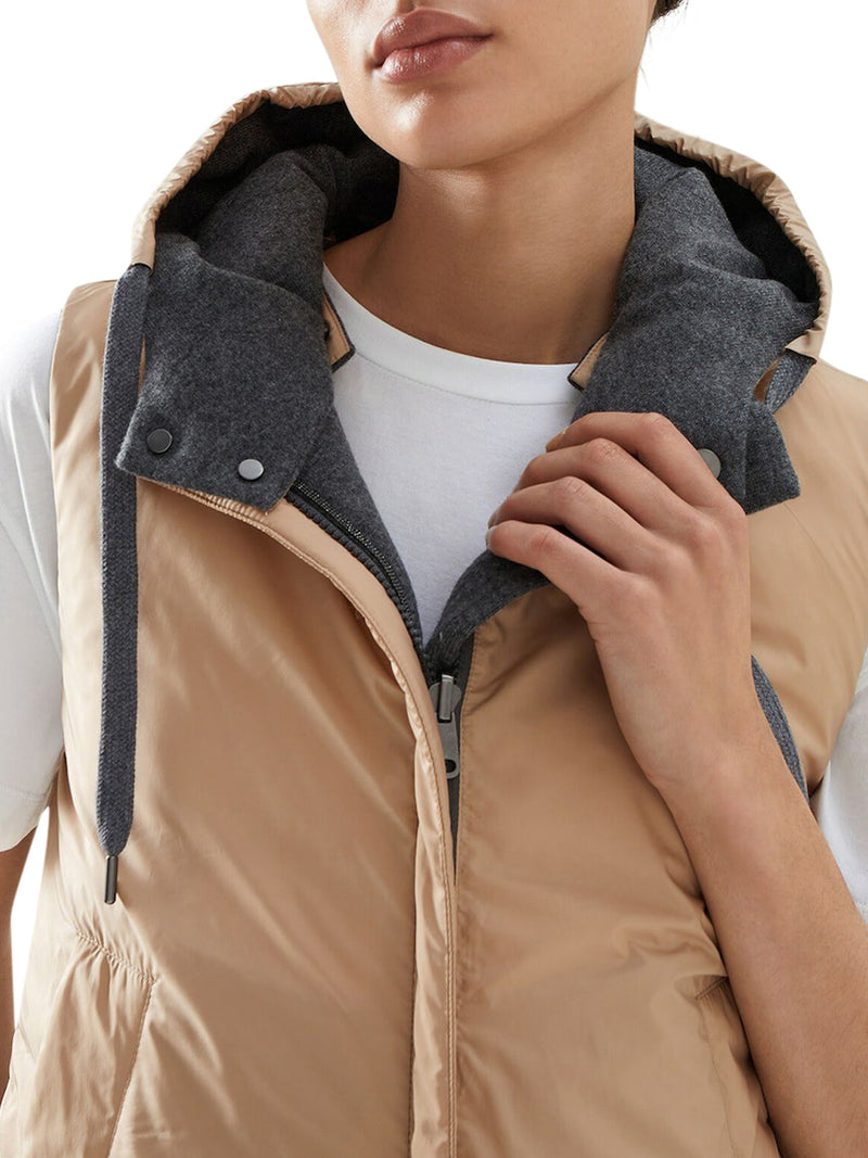 Reversible sleeveless down jacket in cashmere knit with hood and 