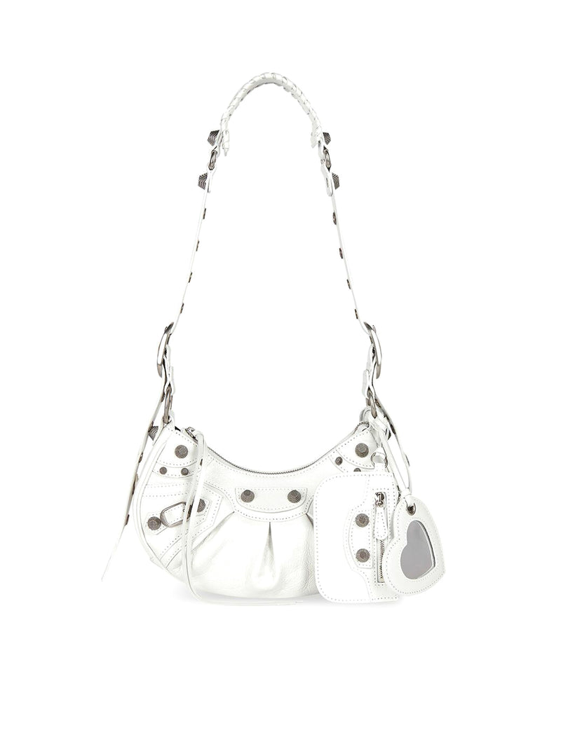 Le Cagole XS Shoulder Bag in white Arena lambskin, aged silver hardware