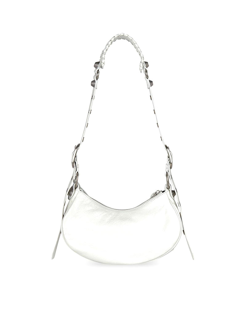 Le Cagole XS Shoulder Bag in white Arena lambskin, aged silver hardware