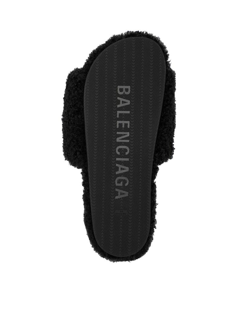 Balenciaga Women's Furry Slide Sandal Allover Logo - Black - Flat Sandals