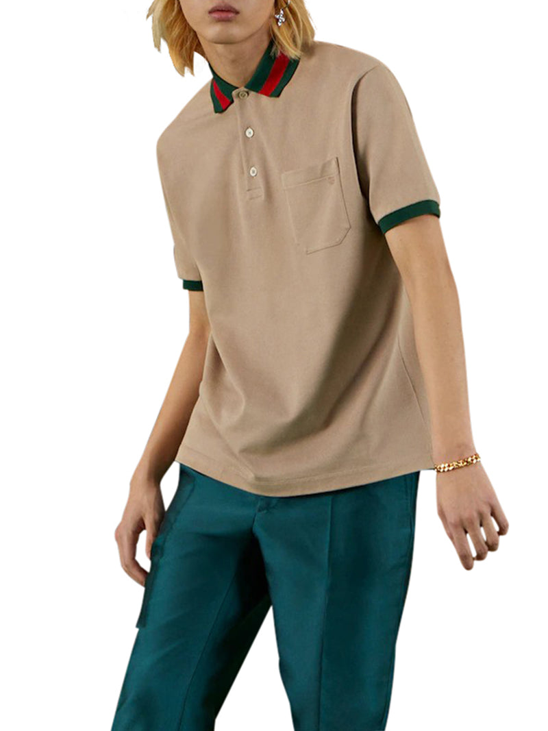 Web Collar Pique Polo Shirt in Beige - Gucci