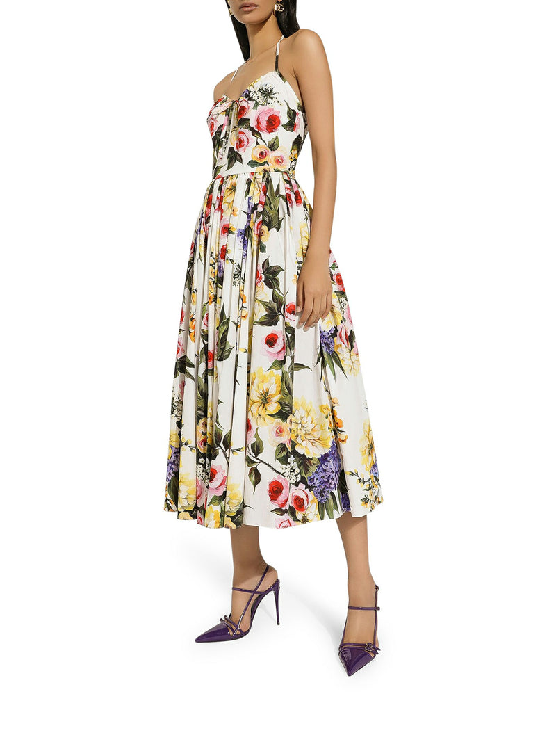 CALF-LENGTH COTTON DRESS WITH GARDEN PRINT