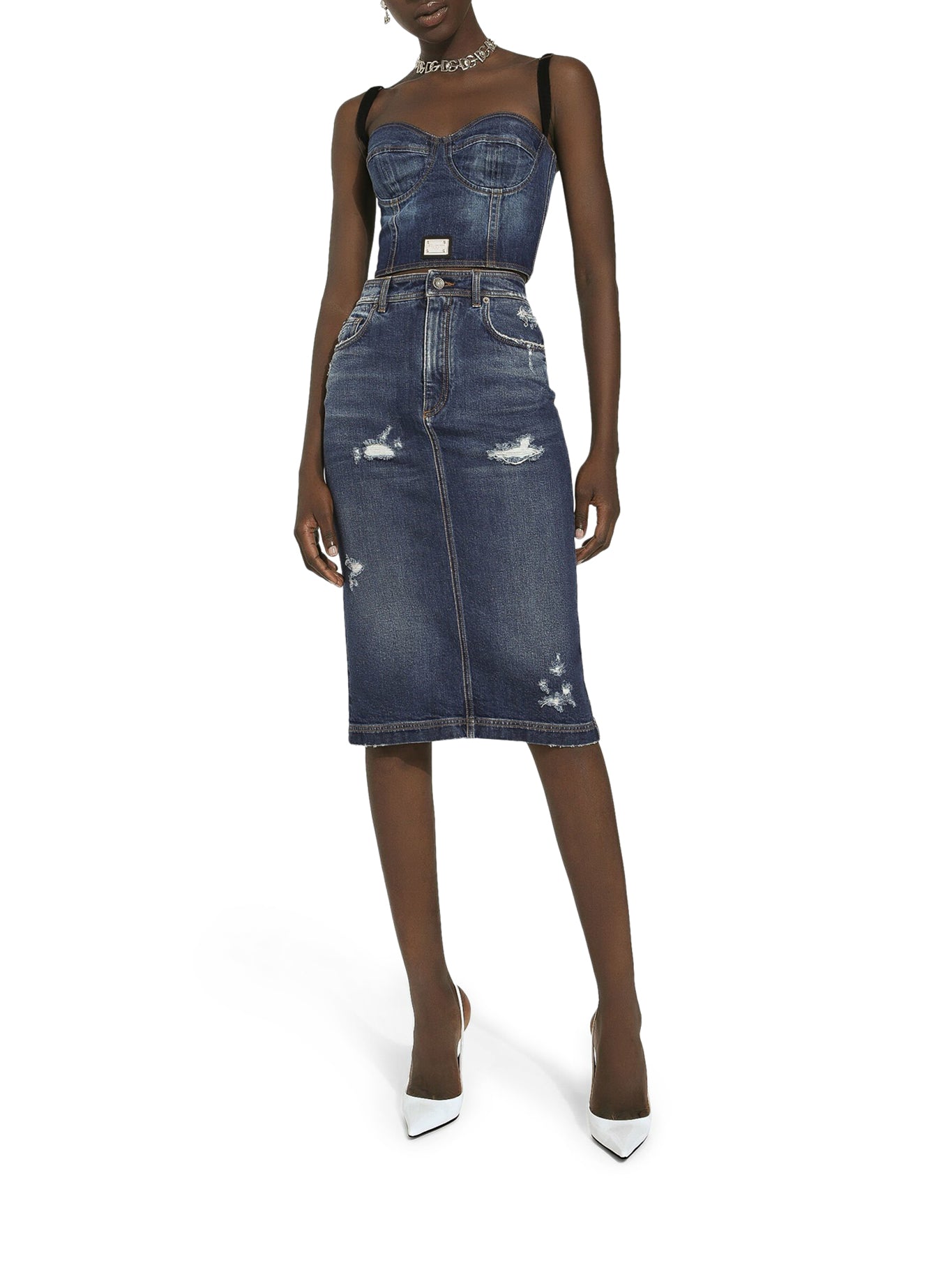 DENIM BUSTIER TOP WITH LOGO PLATE