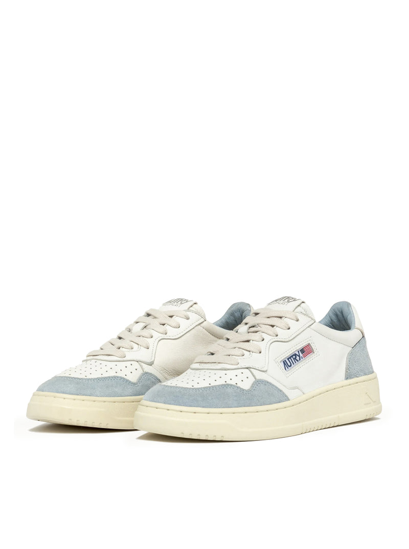 MEDALIST LOW SNEAKERS IN WHITE GOAT LEATHER AND LIGHT BLUE SUEDE