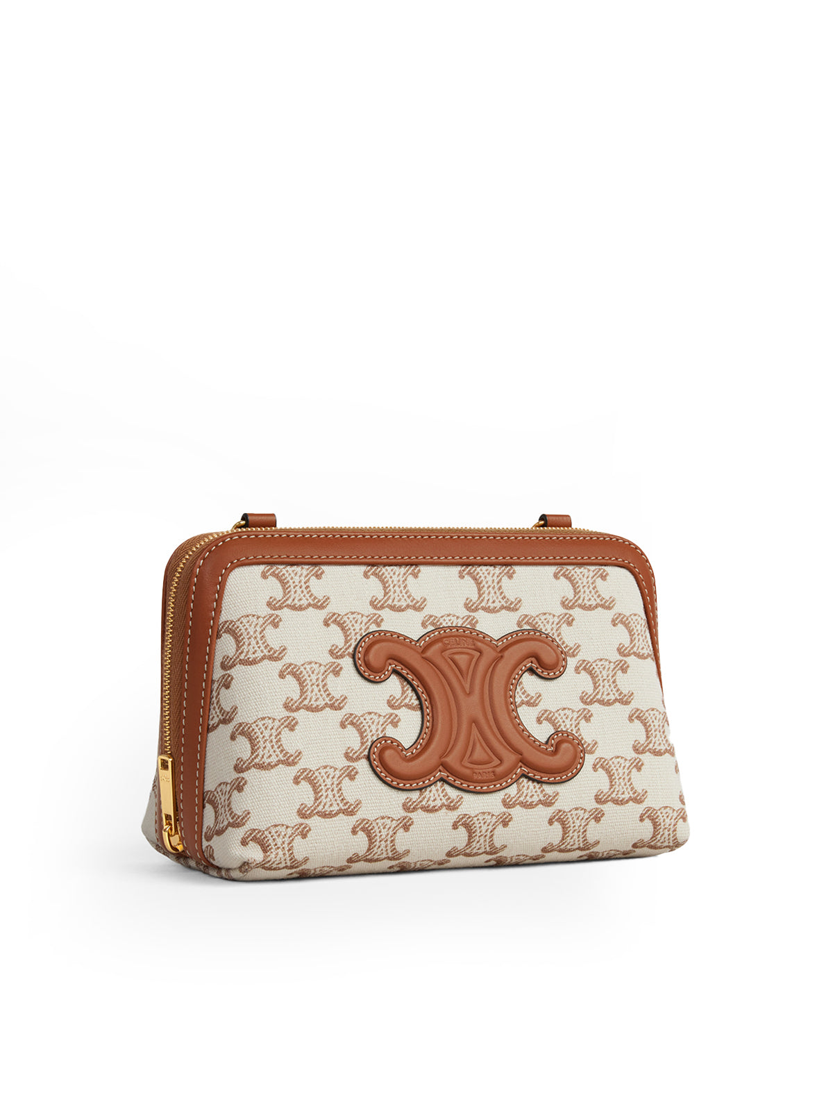TRIOMPHE CUIR CLUTCH WITH CHAIN IN TRIOMPHE PRINT FABRIC AND WHITE CALF LEATHER