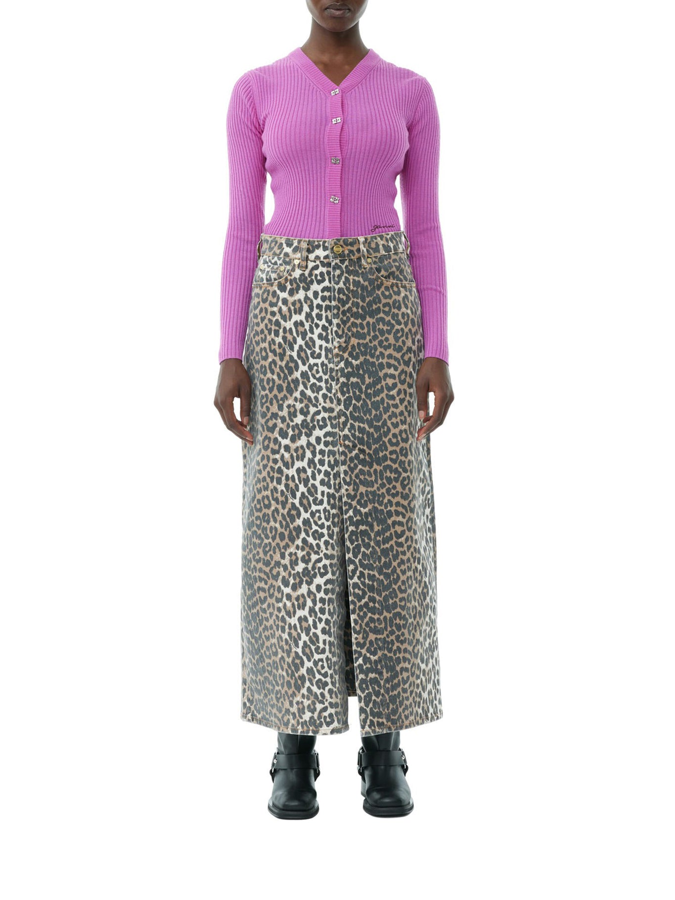 LEOPARD DENIM MAXI SLIT SKIRT